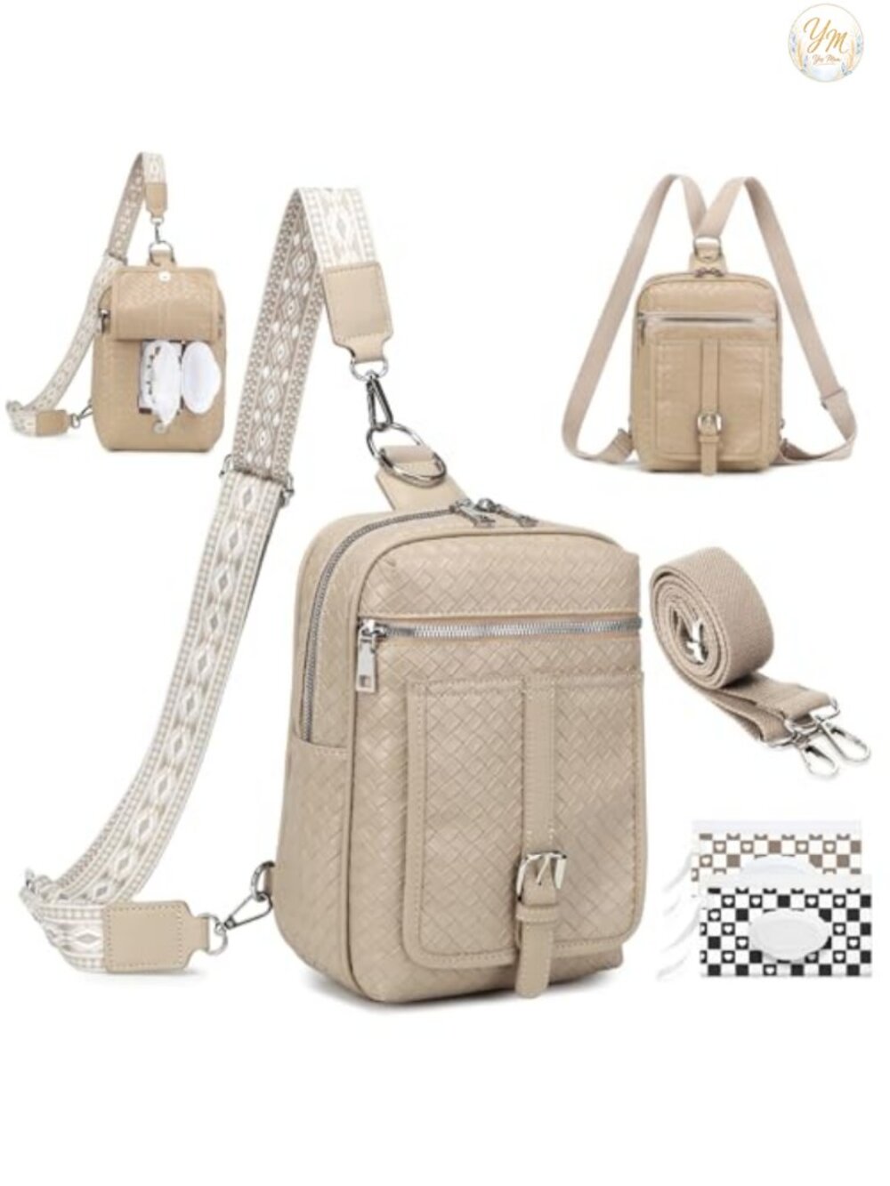 Vegan Leather Sling Diaper Bag Crossbody Purse Wipes Pocket Adjustable Straps